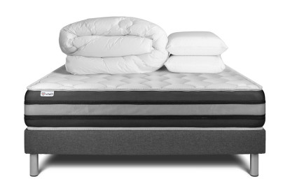 Pack lit complet 140x200 cm - Matelas + Sommier Gris (en kit) + 2 oreillers + Couette - Vitalspring Zen