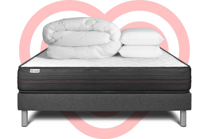 Pack lit complet 140x190 cm - Matelas + Sommier Gris (en kit) + 2 oreillers + Couette - Vitalpower