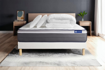 Pack lit complet 200x200 cm - Matelas + Sommier Blanc (en kit) + 2 oreillers + Couette - ActiMemo Plus