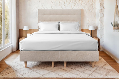 Lit 2x 100x200 cm - Sommier tapissier H35 cm + tête de lit capitonnée - Tissu Toile natté Beige Brun