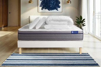 Pack lit complet 140x190 cm - Matelas + Sommier Blanc (en kit) + 2 oreillers + Couette - Actiflex Zen