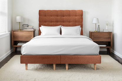 Lit 2x 100x200 cm - Sommier tapissier H29 cm + tête de lit capitonnée - Tissu Bouclette Terracotta