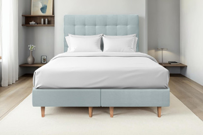 Lit 2x 100x200 cm - Sommier tapissier H35 cm + tête de lit capitonnée - Tissu Velours Gris Bleuté