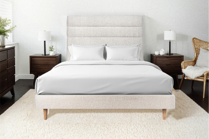 Lit 150x190 cm - Sommier tapissier H29 cm + tête de lit à lignes - Tissu Bouclette Beige Clair