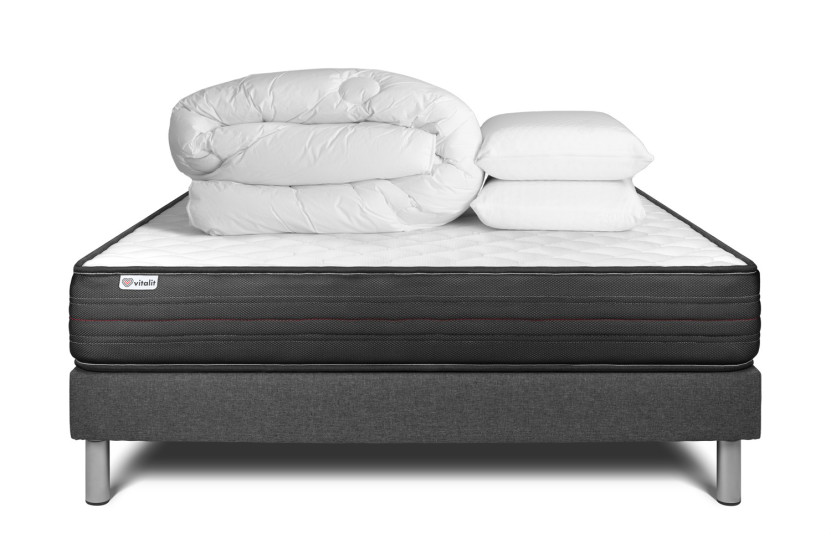 Pack lit complet 160x200 cm - Matelas + Sommier Gris (en kit) + 2 oreillers + Couette - Vitalpower