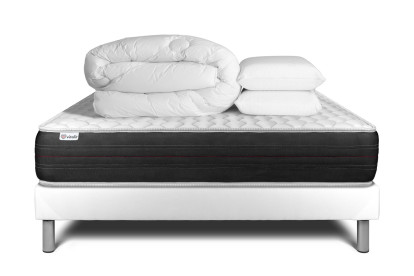 Pack lit complet 180x200 cm - Matelas + Sommier Blanc (en kit) + 2 oreillers + Couette - Vitalspring