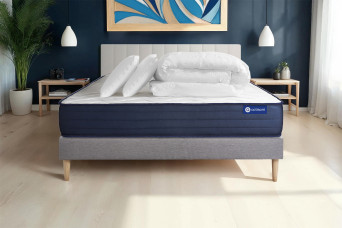 Pack lit complet 160x200 cm - Matelas + Sommier Gris (en kit) + 2 oreillers + Couette - Actiflex Life