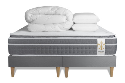 Pack lit complet 200x200 cm - Matelas + 2 Sommiers Gris + 2 oreillers + Couette - Trente PLUS