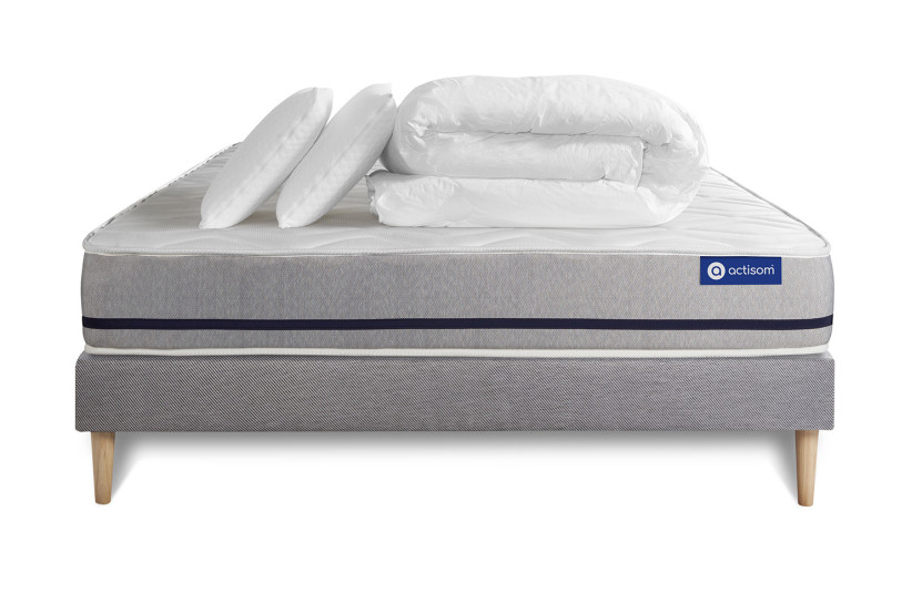 Pack lit complet 200x200 cm - Matelas + Sommier Gris (en kit) + 2 oreillers + Couette - Actiflex Soft