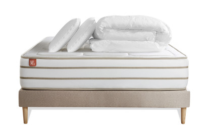 Pack lit complet 180x200 cm - Matelas + Sommier Beige (en kit) + 2 oreillers + Couette - Le Douillet