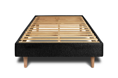 Lit 90x200 cm - Sommier à lattes H29 cm + tête de lit à lignes - Tissu Bouclette Noir