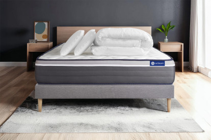 Pack lit complet 160x200 cm - Matelas + Sommier Gris (en kit) + 2 oreillers + Couette - ActiMemo Plus