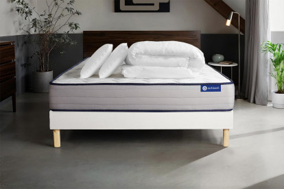 Pack lit complet 200x200 cm - Matelas + Sommier Blanc (en kit) + 2 oreillers + Couette - Actilatex Form