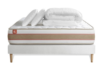 Pack lit complet 160x200 cm - Matelas + Sommier Blanc + 2 oreillers + Couette - Le Délicat