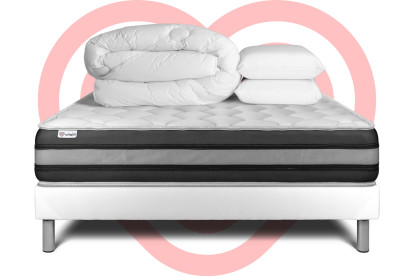 Pack lit complet 180x200 cm - Matelas + Sommier Blanc (en kit) + 2 oreillers + Couette - Vitalspring Zen
