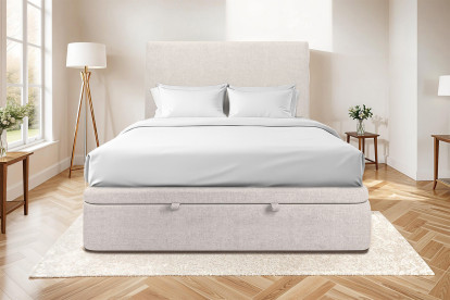 Lit coffre 180x200 cm avec Tête de lit tapissée - Tissu Toile natté Beige Clair
