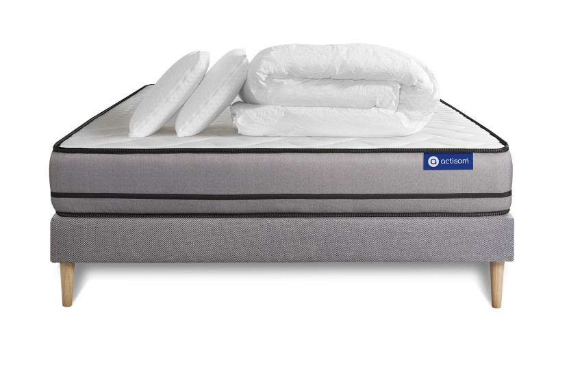 Pack lit complet 140x200 cm - Matelas + Sommier Gris (en kit) + 2 oreillers + Couette - Actilatex Night