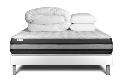 Pack lit complet 160x200 cm - Matelas + Sommier Blanc (en kit) + 2 oreillers + Couette - Vitalspring Zen
