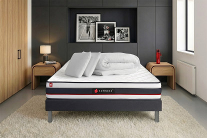 Pack lit complet 200x200 cm - Matelas + Sommier Noir noir (en kit) + 2 oreillers + Couette - Form
