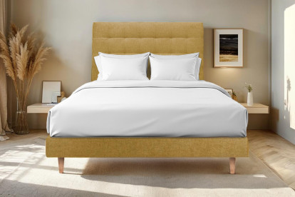 Lit 200x200 cm - Sommier à lattes H29 cm + tête de lit capitonnée - Tissu Toile natté Jaune