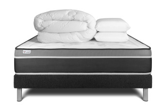 Pack lit complet 180x200 cm - Matelas + Sommier Noir (en kit) + 2 oreillers + Couette - Vital Care