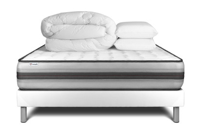 Pack lit complet 180x200 cm - Matelas + Sommier Blanc (en kit) + 2 oreillers + Couette - Vitalpower Recover