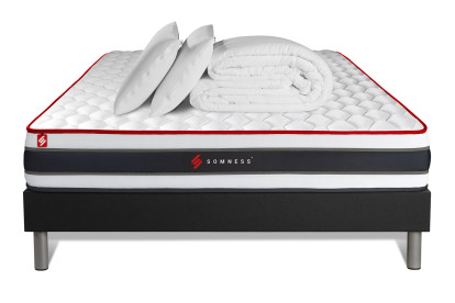 Pack lit complet 180x200 cm - Matelas + Sommier Noir (en kit) + 2 oreillers + Couette - Energy