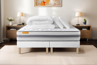 Pack lit complet 160x200 cm - Matelas + 2 Sommiers Blancs + 2 oreillers + Couette - Memo Spring