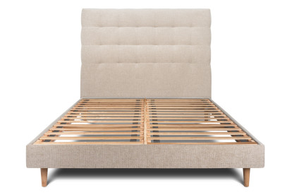 Lit 160x200 cm - Sommier à lattes H29 cm + tête de lit capitonnée - Tissu Toile natté Beige Brun