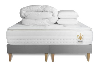 Pack lit complet 200x200 cm - Matelas + 2 Sommiers Gris + 2 oreillers + Couette - Vingt-Huit PLUS