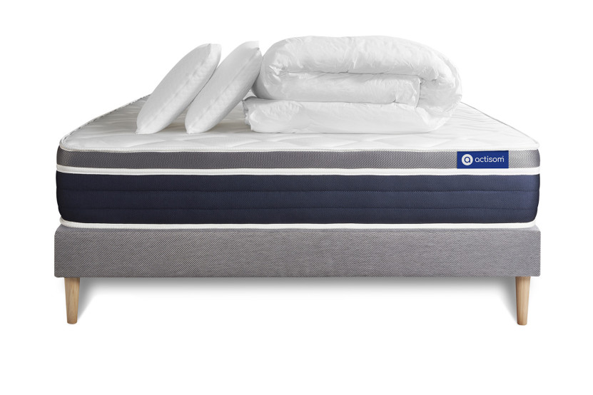 Pack lit complet 140x200 cm - Matelas + Sommier Gris (en kit) + 2 oreillers + Couette - Actiflex Confort