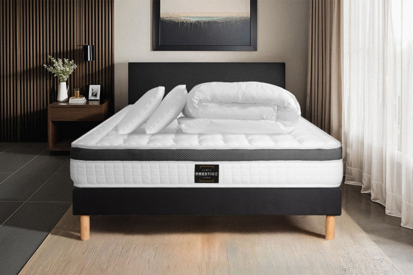 Pack lit complet 160x200 cm - Matelas + Sommier Noir (en kit) + 2 oreillers + Couette - Supérieur