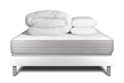 Pack lit complet 140x190 cm - Matelas + Sommier Blanc (en kit) + 2 oreillers + Couette - Vitalmemo