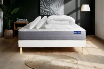 Pack lit complet 160x200 cm - Matelas + Sommier Blanc (en kit) + 2 oreillers + Couette - Actimemo Dream