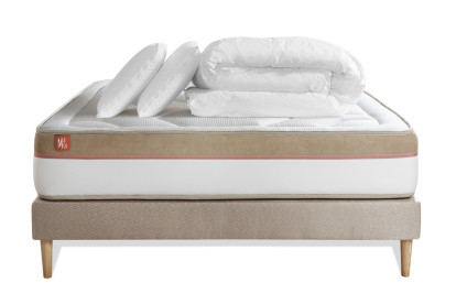 Pack lit complet 160x200 cm - Matelas + Sommier Beige (en kit) + 2 oreillers + Couette - Le Cosy