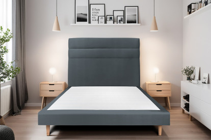 Lit 135x190 cm - Sommier tapissier H29 cm + tête de lit à lignes - Tissu Velours Gris Anthracite