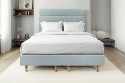 Lit 2x 80x200 cm - Sommier tapissier H35 cm + tête de lit à lignes - Tissu Velours Gris Bleuté
