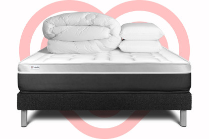 Pack lit complet 140x200 cm - Matelas + Sommier Noir (en kit) + 2 oreillers + Couette - Vital Soft