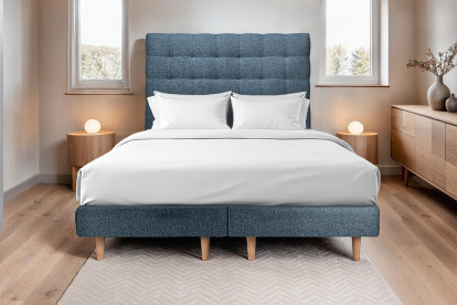 Lit 2x 100x200 cm - Sommier tapissier H29 cm + tête de lit tapissée - Tissu Bouclette Bleu