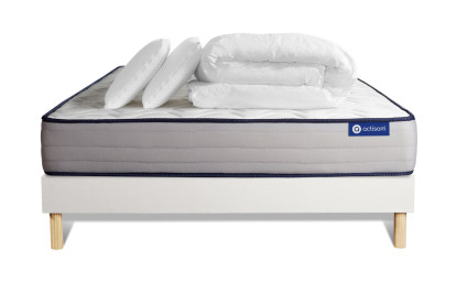 Pack lit complet 140x200 cm - Matelas + Sommier Blanc (en kit) + 2 oreillers + Couette - Actimemo Form