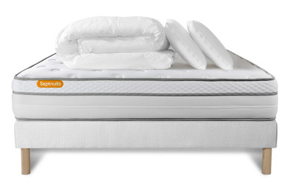 Pack lit complet 140x200 cm - Matelas + Sommier Blanc + 2 oreillers + Couette - Memo Luxe
