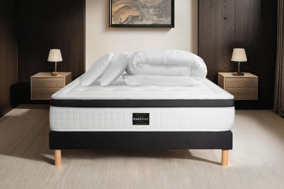 Pack lit complet 200x200 cm - Matelas + Sommier Noir (en kit) + 2 oreillers + Couette - Privilège