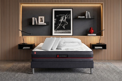 Pack lit complet 140x200 cm - Matelas + Sommier Noir + 2 oreillers + Couette - Regen