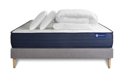 Pack lit complet 180x200 cm - Matelas + Sommier Gris (en kit) + 2 oreillers + Couette - Actimemo Life