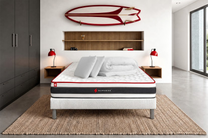 Pack lit complet 140x200 cm - Matelas + Sommier Blanc (en kit) + 2 oreillers + Couette - Energy