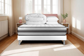 Pack lit complet 140x200 cm - Matelas + Sommier Blanc (en kit) + 2 oreillers + Couette - Vitalpower Recover