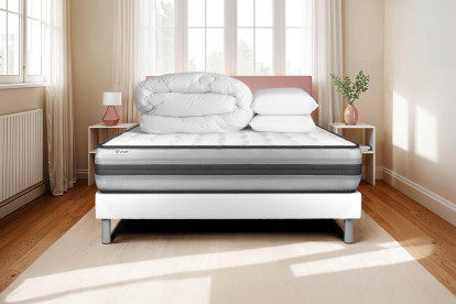 Pack lit complet 140x200 cm - Matelas + Sommier Blanc (en kit) + 2 oreillers + Couette - Vitalpower Recover