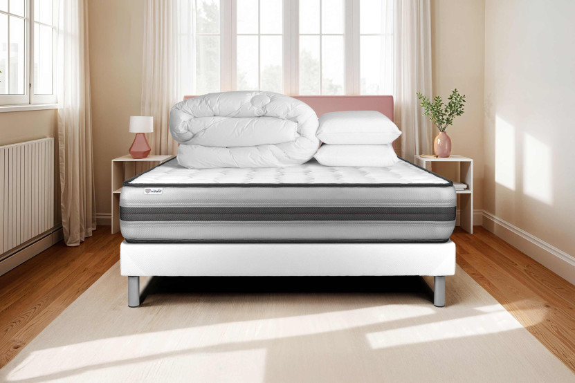 Pack lit complet 140x200 cm - Matelas + Sommier Blanc (en kit) + 2 oreillers + Couette - Vitalpower Recover