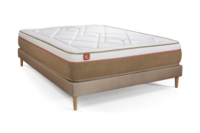Pack lit complet 200x200 cm - Matelas + Sommier Beige (en kit) + 2 oreillers + Couette - Le Soyeux