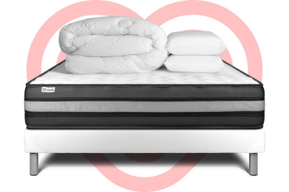 Pack lit complet 140x190 cm - Matelas + Sommier Blanc (en kit) + 2 oreillers + Couette - Vital Power Zen